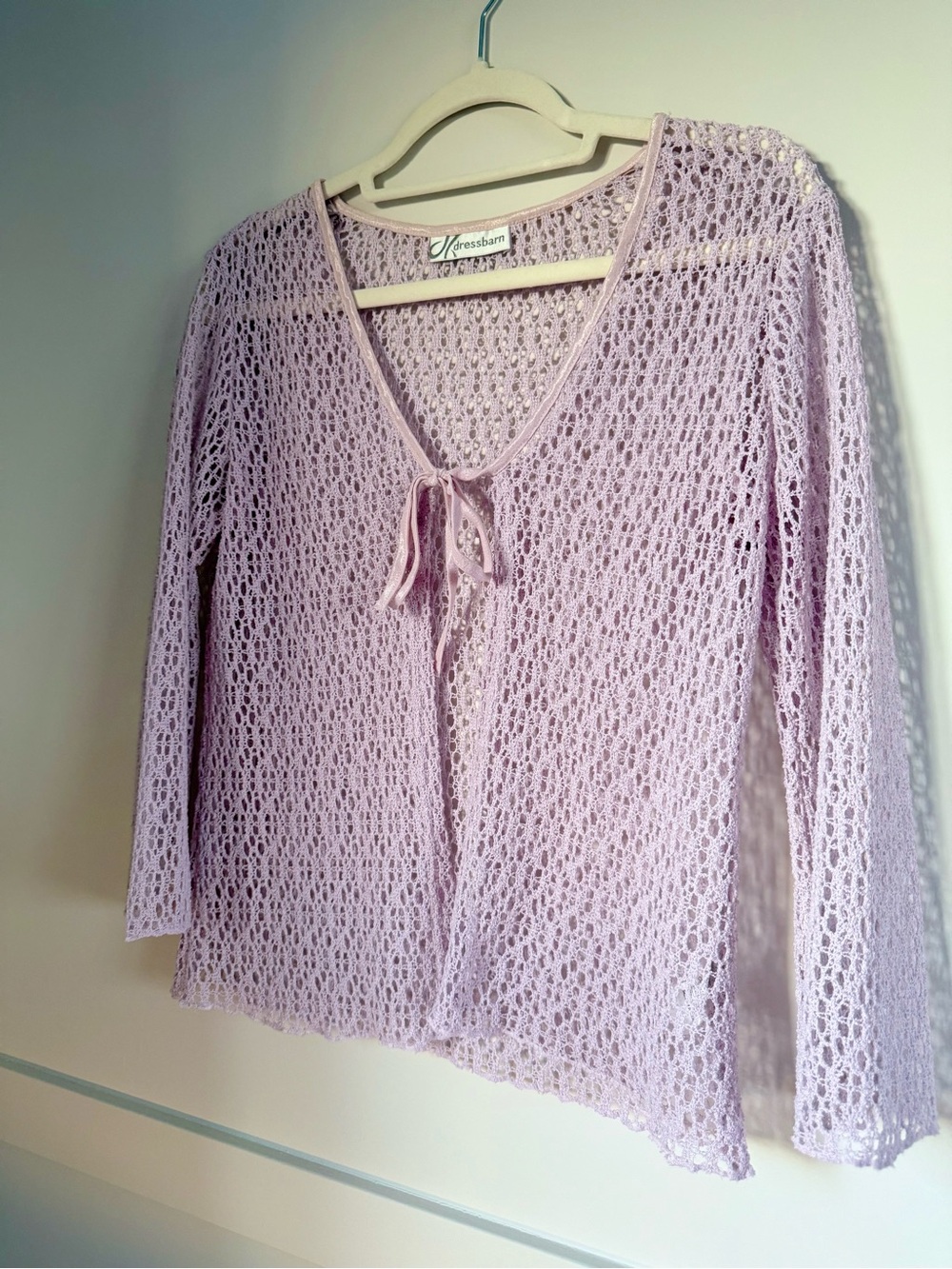 Women’s Dressbarn Vintage Y2K Lilac Open Knit Front Tie Cardigan US 8